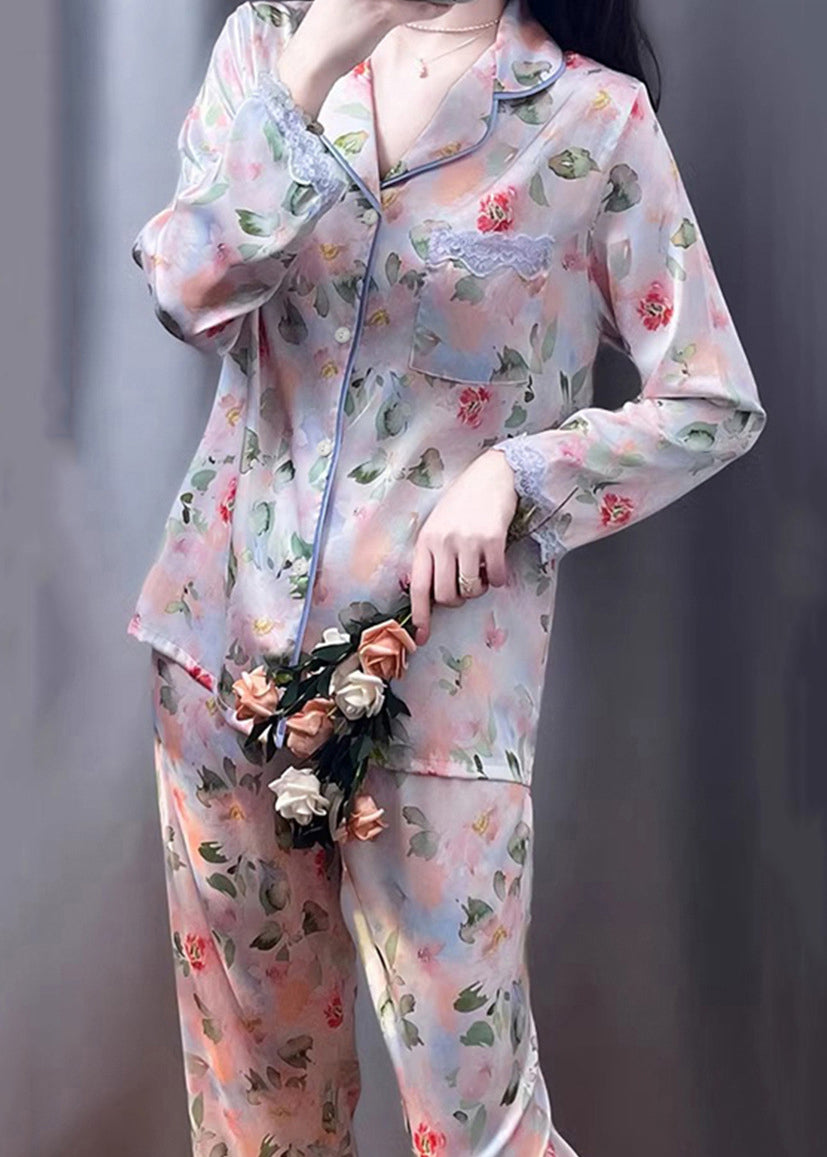 Photo Color Print Pockets Lace Silk Pajamas Two Pieces Set Spring