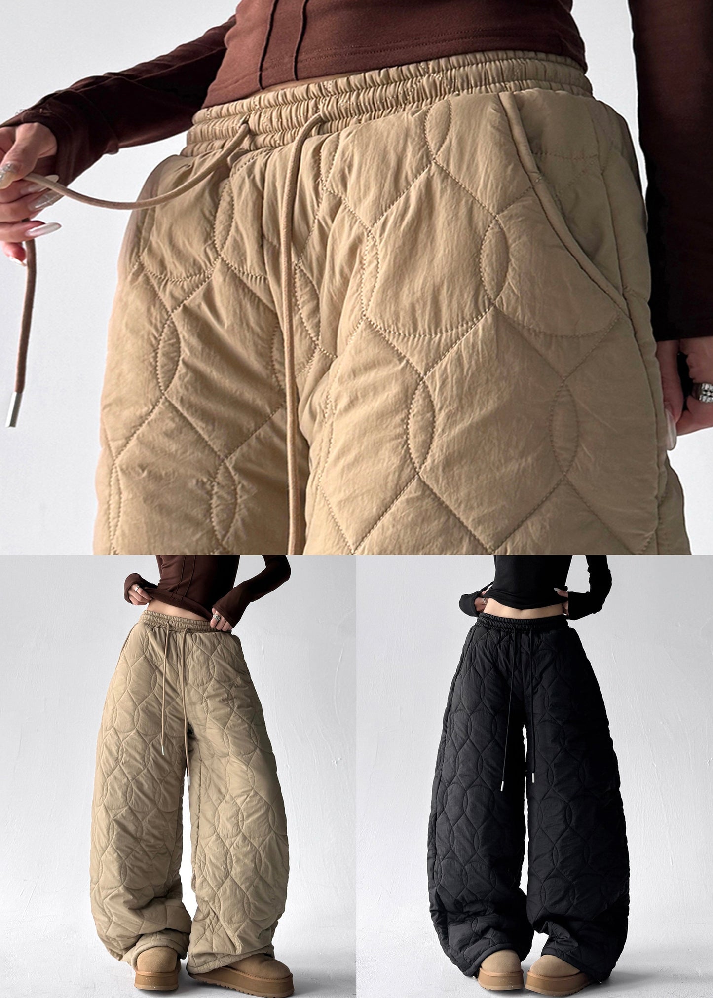 Modern Black Pockets Elastic Waist Cotton Filled Pants Winter
