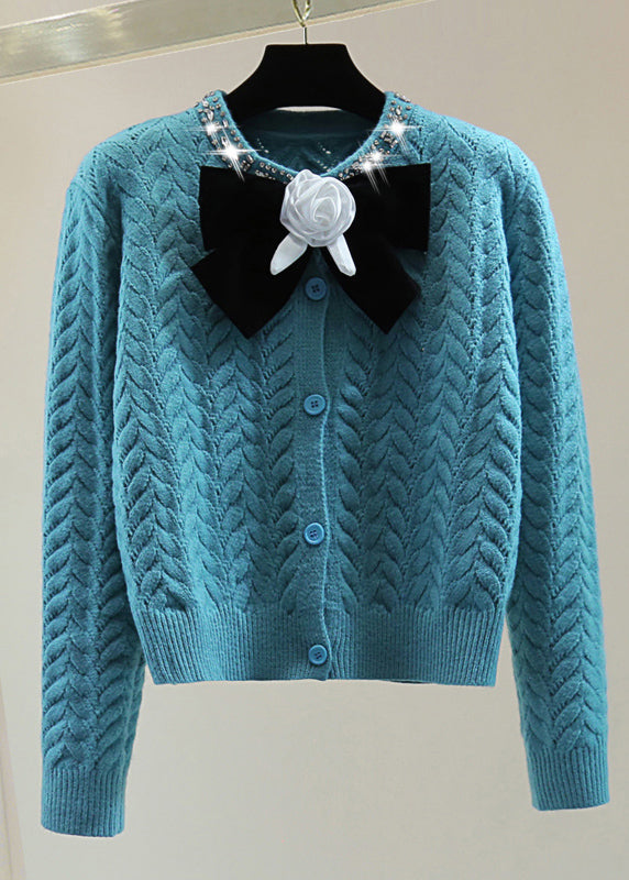 Blue O-neck Zippered Bow Thick Cable Cotton Knit Sweaters Winter