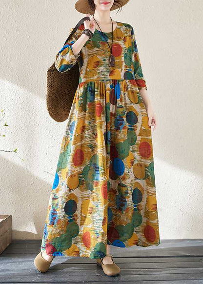 Yellow Patchwor Print Vacation Dresses Long Sleeve