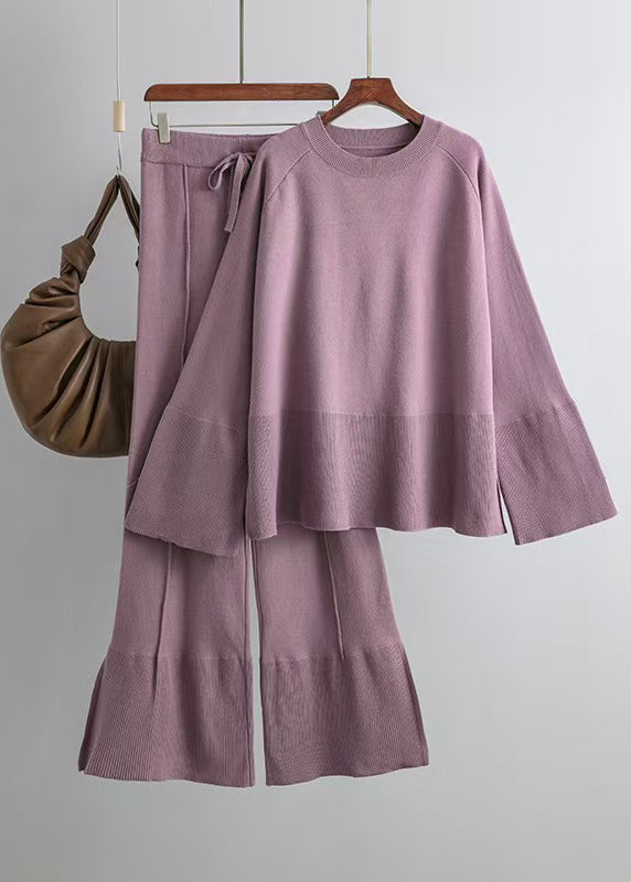 Purple O Neck Side Open Knit Two Pieces Set Flare Sleeve