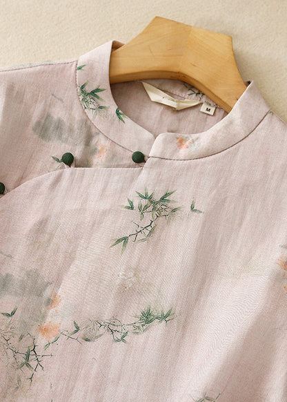 Versatile Pink Stand Collar Print Cotton Shirts Summer
