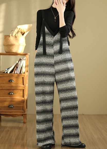 Grey Oversized Striped Cotton Overalls Jumpsuit Summer