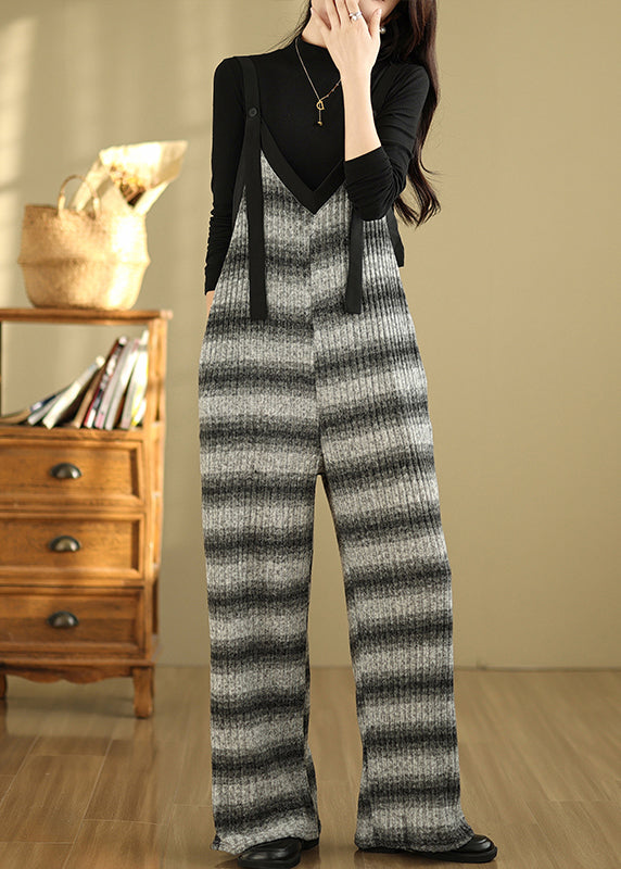 Grey Oversized Striped Cotton Overalls Jumpsuit Summer