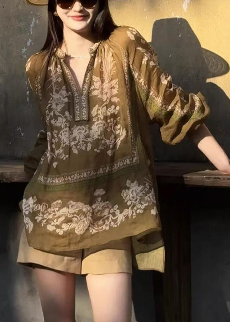 Brown Oversized Print Linen Shirt Top Fall