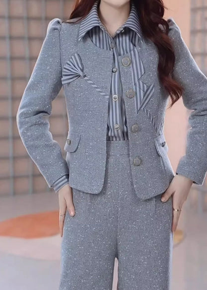 Style Grey Patchwork Coats Shirts and Pants Three Pieces Set Spring
