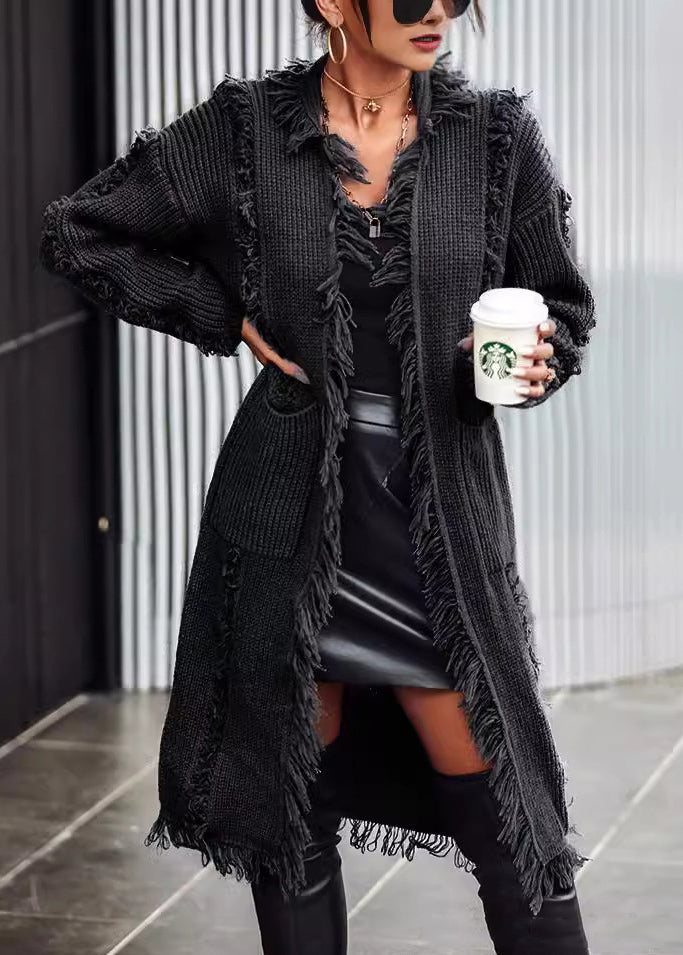 Grey Pockets Tassel Long Knit Cardigan Spring