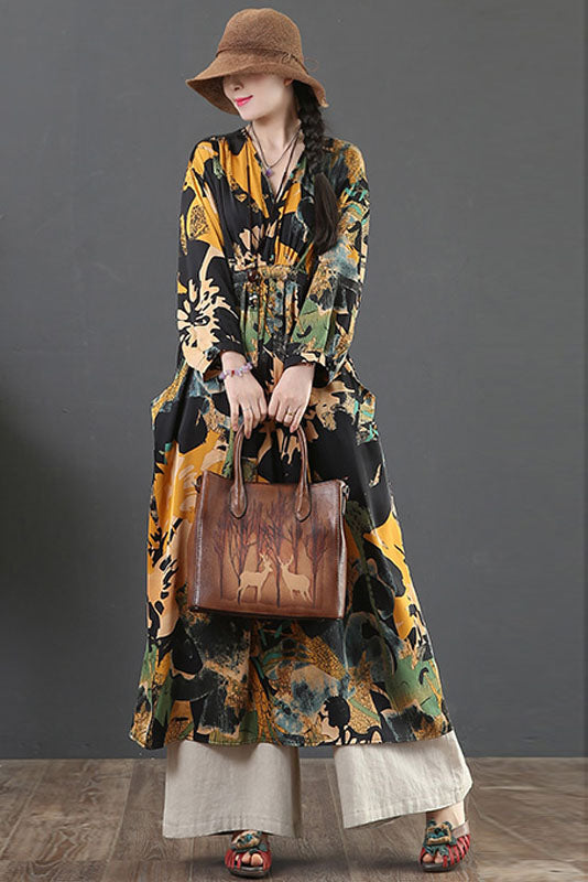 -spring New Cotton Linen Dress Yellow Print Long Dress