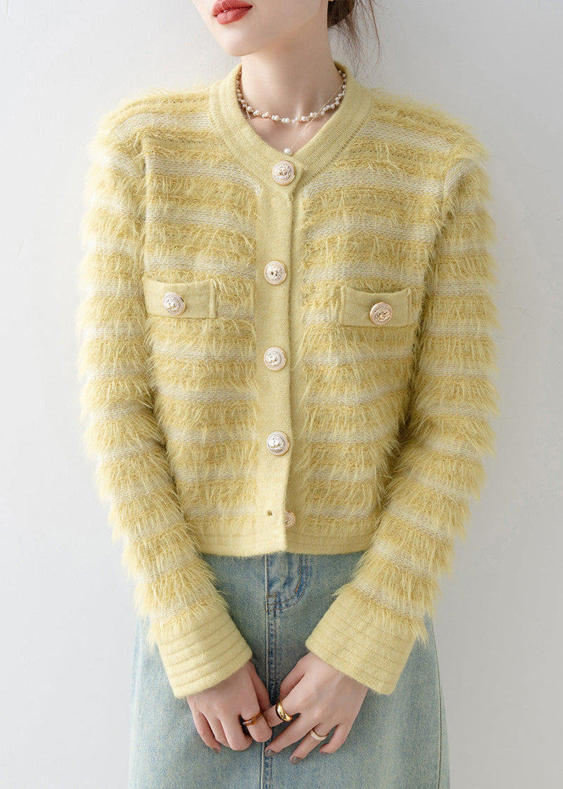 Italian Yellow O Neck Button Mink Hair Knitted Cardigans Spring