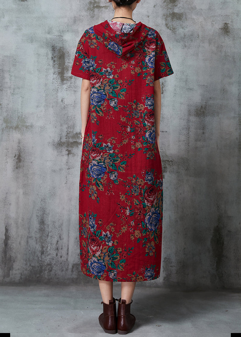 Red Hooded Print Cotton Long Dress Summer