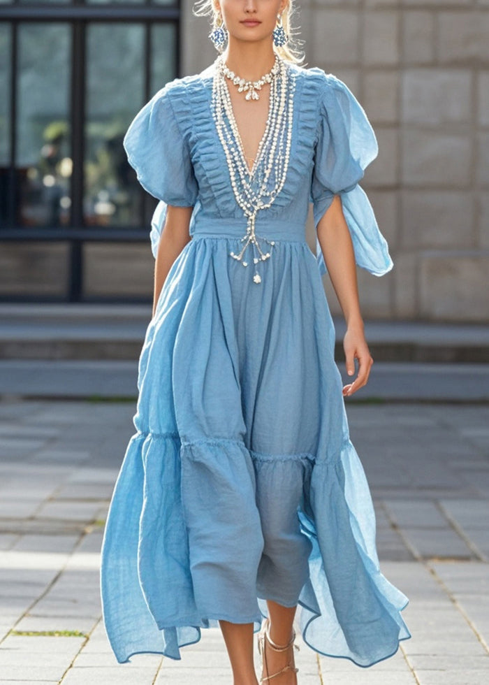 Sky Blue Puff Sleeve Nail Bead Cotton Long Dress