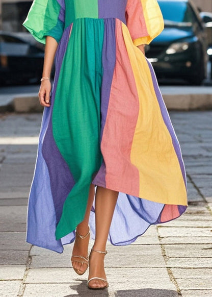Colorblock Asymmetrical Patchwork Cotton Long Dresses Fall