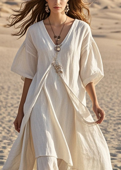 White Asymmetrical Cotton Long Dress Summer