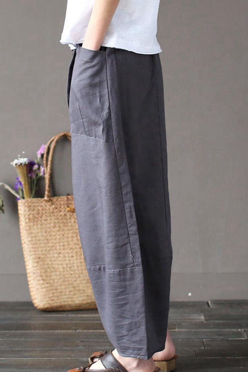 Gray Loose Cotton Linen Ankle Length Pants Outfits