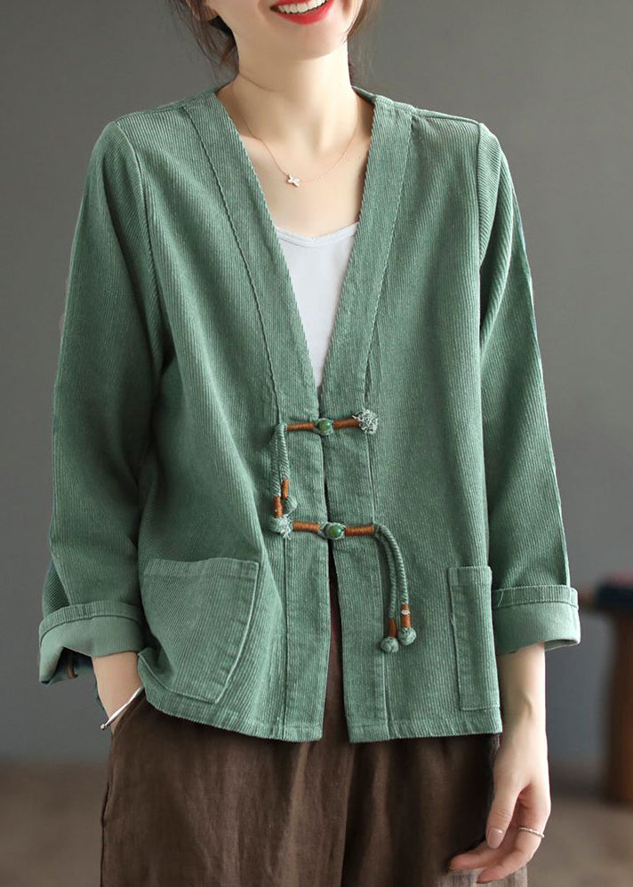 Green Tasseled Pockets Patchwork Corduroy Coat Fall