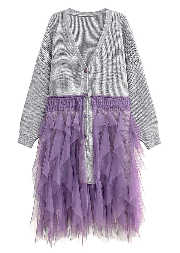 Grey V Neck Tulle Patchwork Knit Cardigans Fall