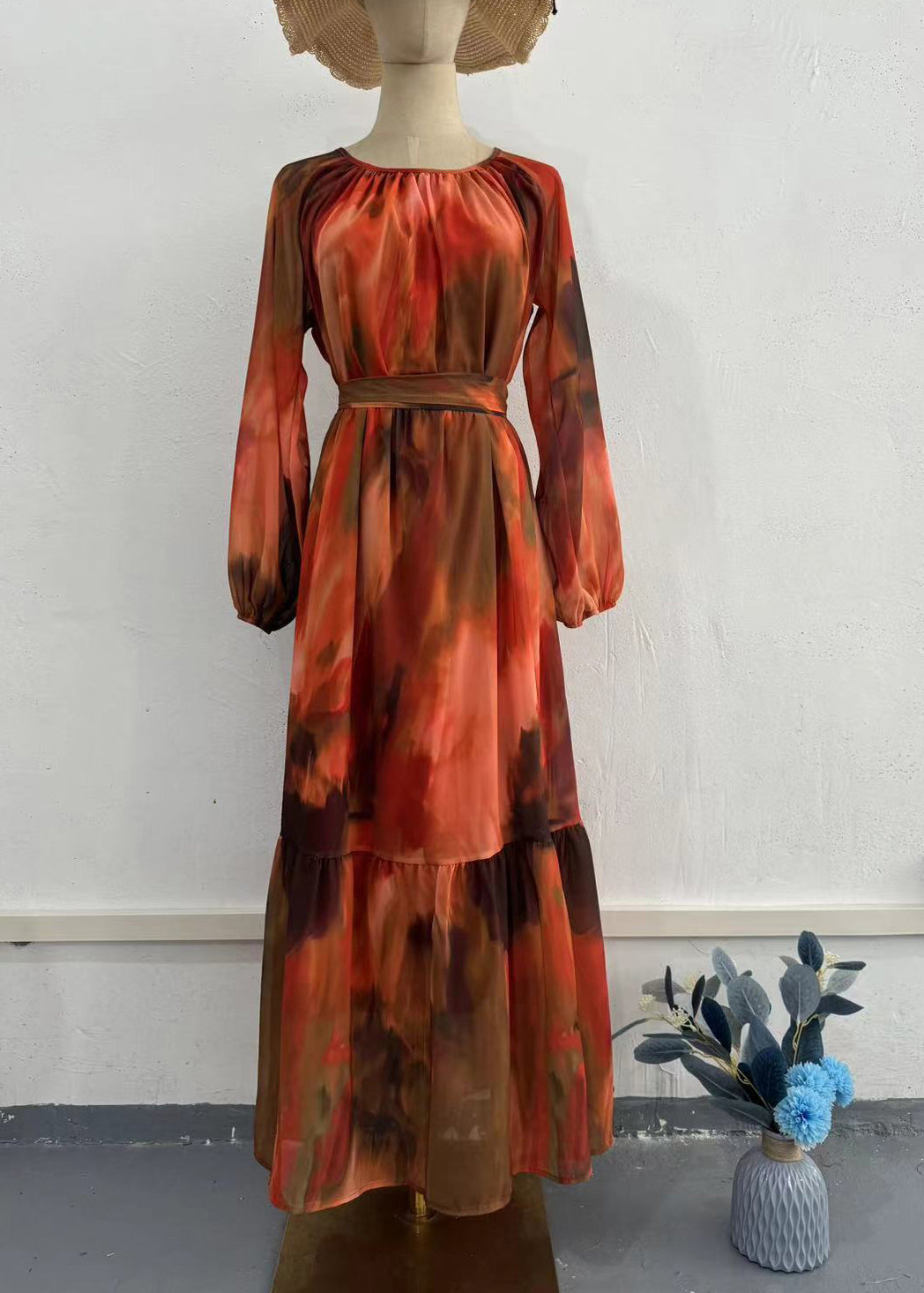 Green O Neck Print Chiffon Dresses Fall