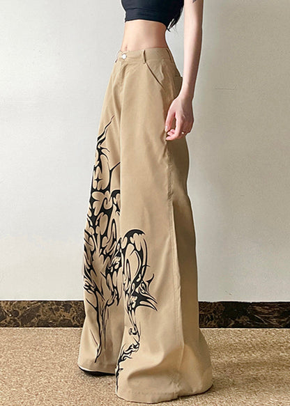 Khaki Print High Waist Cotton Wide Leg Pants Summer