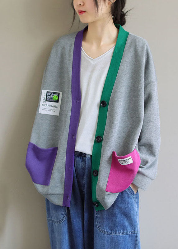 Grey V Neck Patchwork Cotton Cardigans Coats Spring