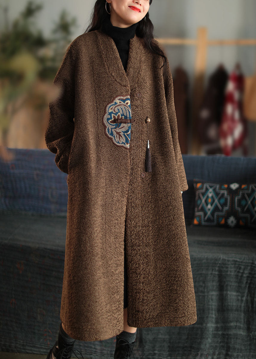 Unique White V Neck Embroidered Patchwork Winter Thick Coats Wool Overcoat
