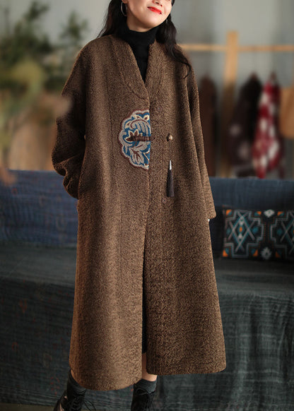 Unique White V Neck Embroidered Patchwork Winter Thick Coats Wool Overcoat