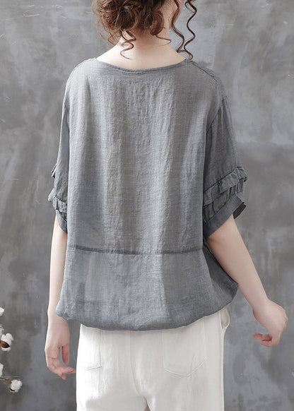 Grey O-neck Button Drawstring Patchwork Linen Shirt Tops Short Sleeve