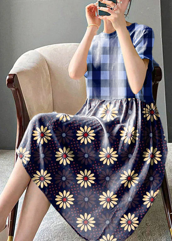 Brief Beige O-neck Patchwork Linen Dress Short Sleeve