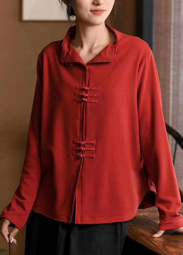 Red Oriental Button Cotton Top Spring