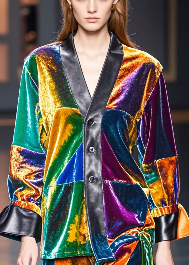 Multicolou V Neck Patchwork Silk Velour Coats Fall