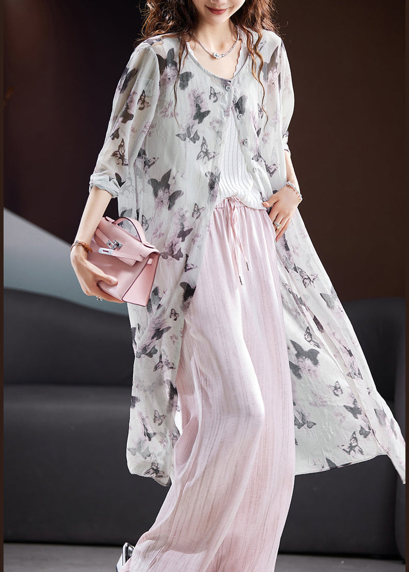 Organic Grey O Neck Print Chiffon Upf 50+ Coat Summer
