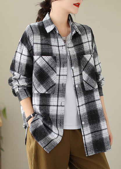 Black Pockets Plaid Cotton Shirts Coat Peter Pan Collar Fall
