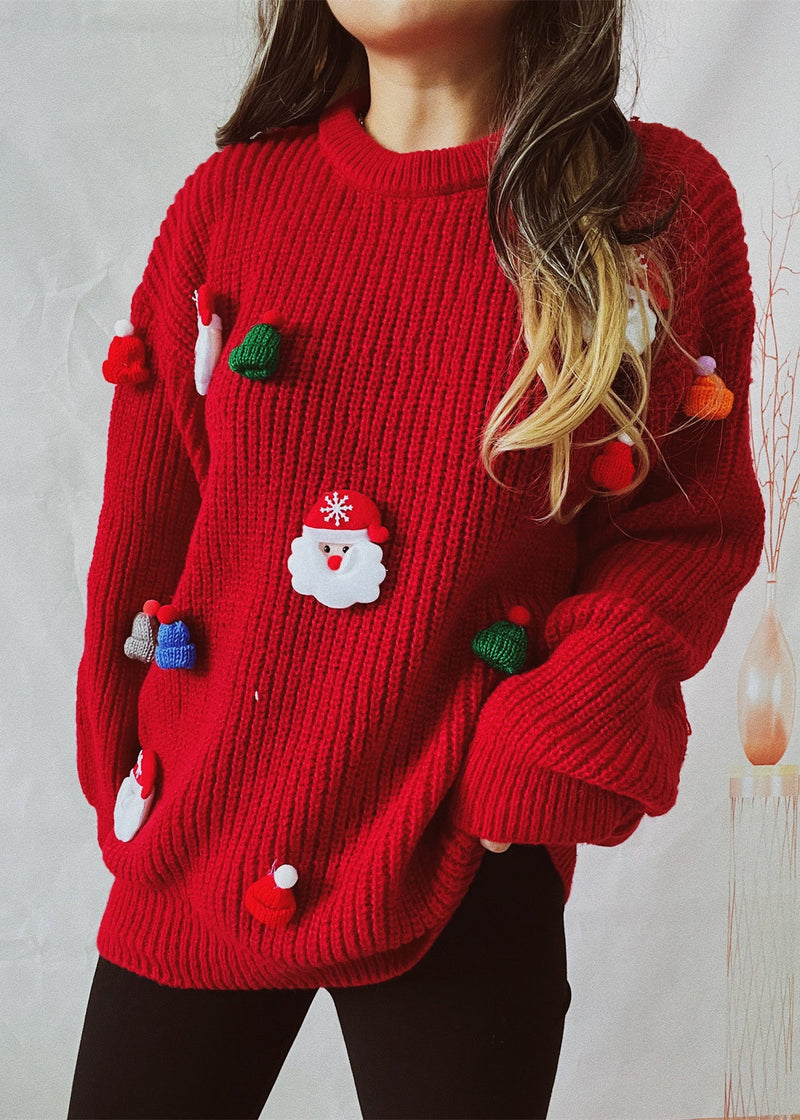 New Red O-neck Christmas Decorated Knit Sweater Winter