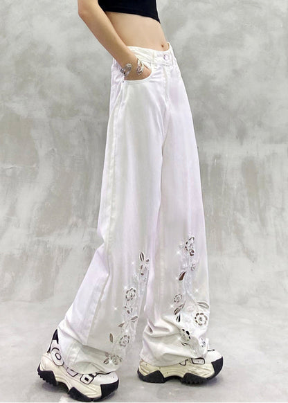 New White Hollow Out Zircon High Waist Denim Pants Summer