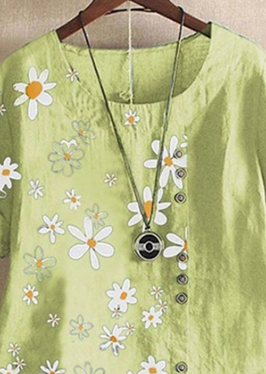 Loose Green O Neck Print Patchwork Cotton Blouses Top Summer