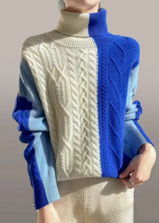 Blue Asymmetrical Patchwork Cable Knit Sweater Spring