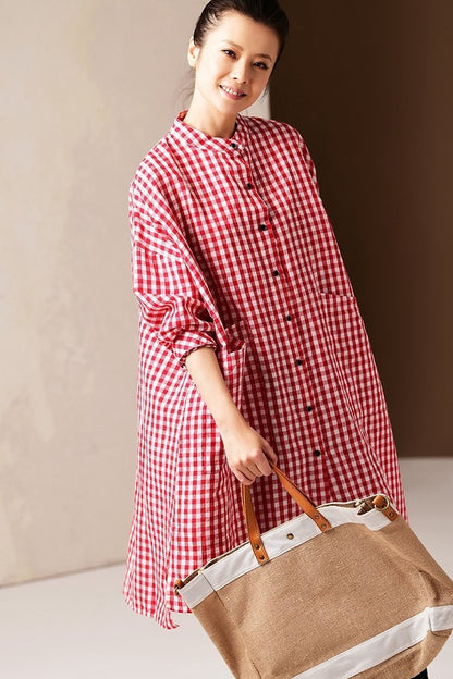 Korea Style Medium Length Loose Plaid Shirt Blouse