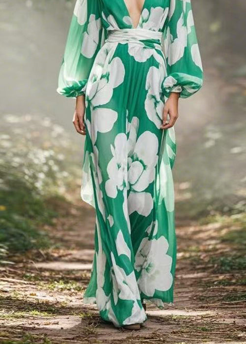 Green V Neck Print Chiffon Maxi Dress Spring