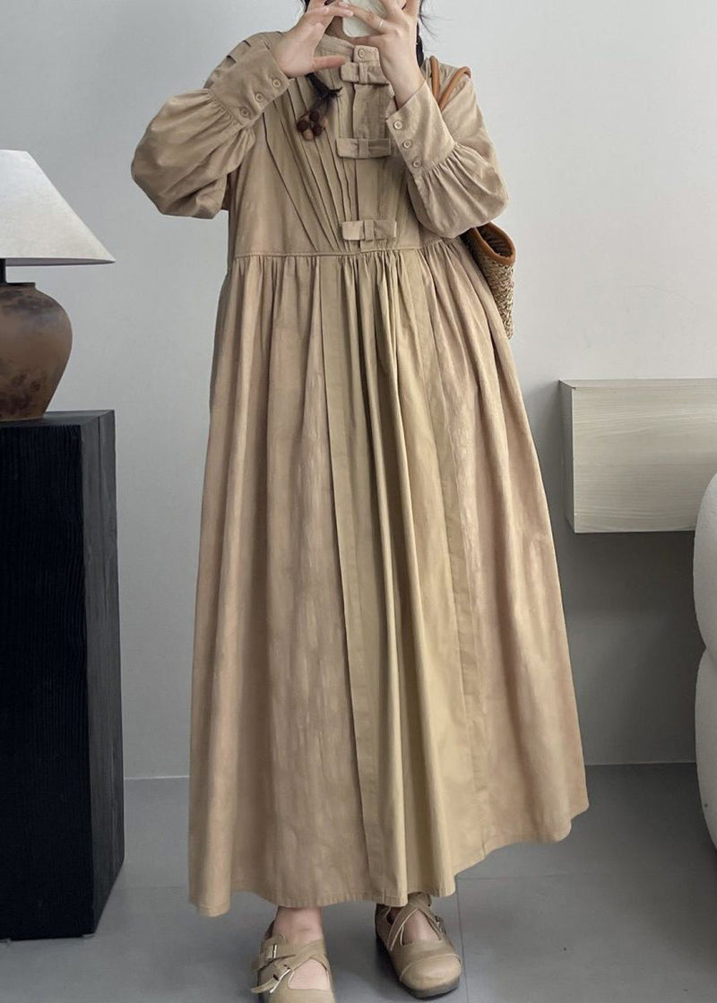 Khaki Pockets Cotton Dresses Stand Collar Spring