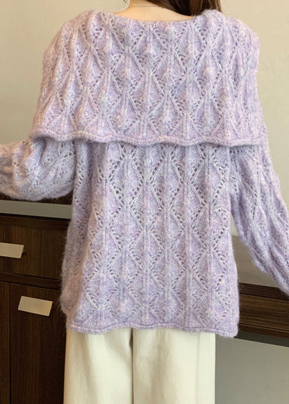 Loose Purple Sailor Collar Hollow Out Knit Cardigans Fall