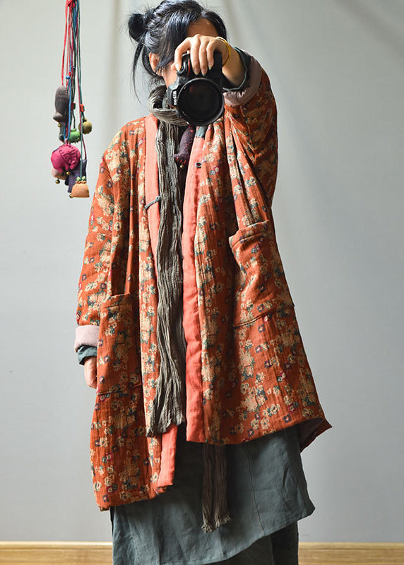 Purple V Neck Pockets Print Fine Cotton Filled Winter Coats