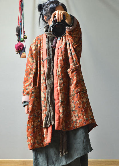 Purple V Neck Pockets Print Fine Cotton Filled Winter Coats