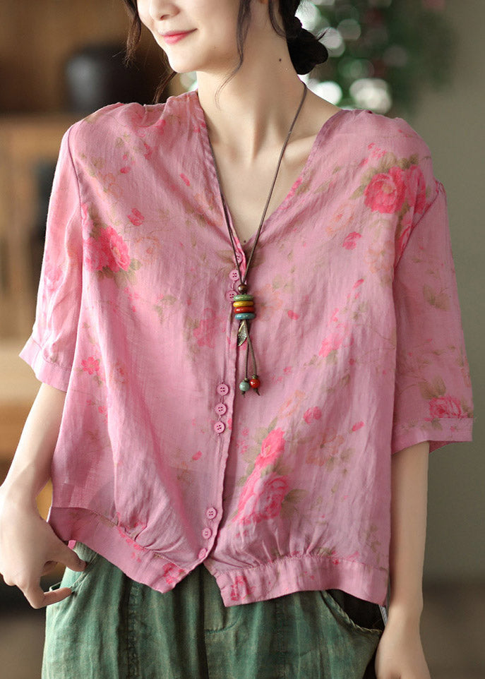 Italian Gray Texture V Neck Print Button Linen Top Half Sleeve