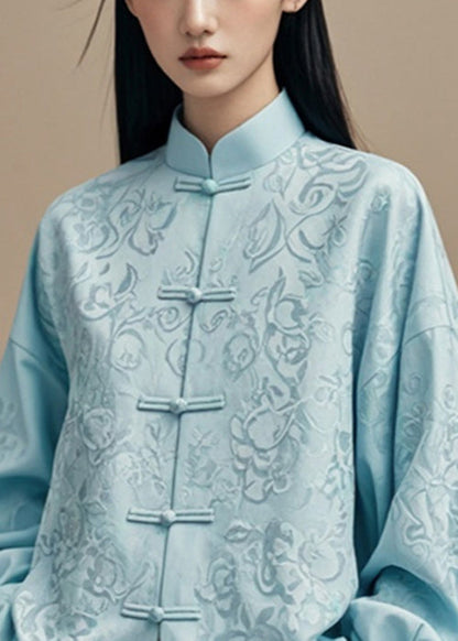 Blue Stand Collar Button Silk Cotton Coats Fall