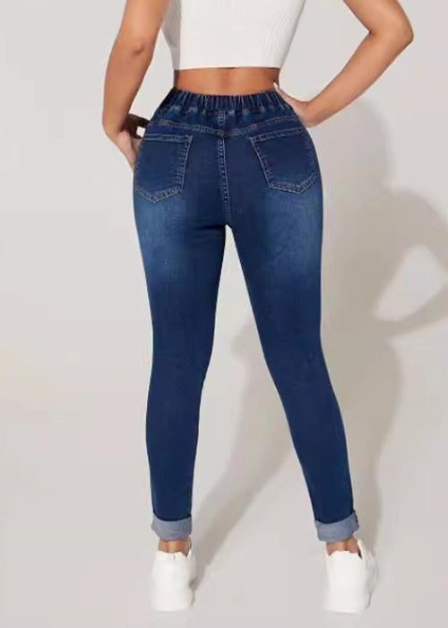 Loose Navy Lace Up Elastic Waist Denim Denim Crop Pants Summer
