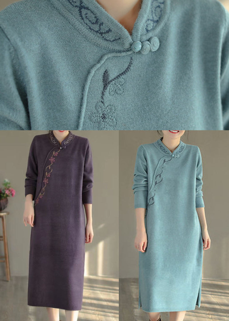 Purple Stand Collar Embroidered Knit Sweater Dress Winter