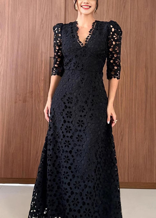 New White V Neck Hollow Out Lace Long Dresses Summer