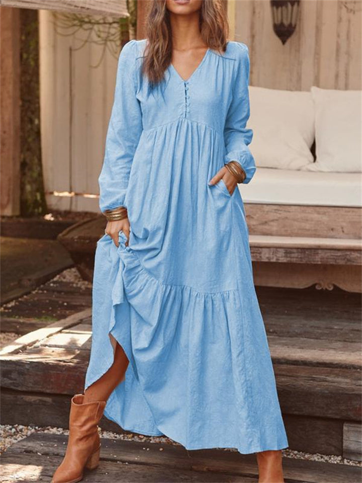 Color Buttoned Cotton and Linen Retro Long-sleeved Dresses Swing Long Dress