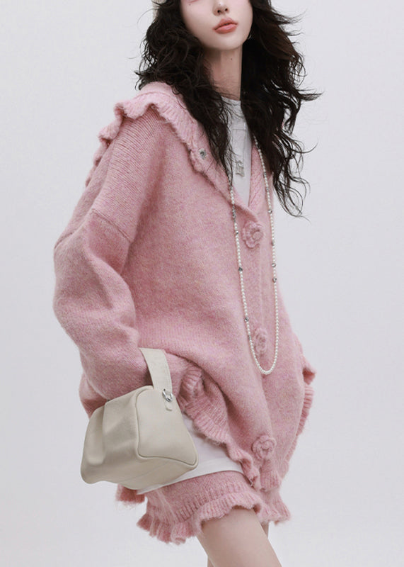 Pink Ruffled Patchwork Cotton Knit Hooded Cardigan and Skirts Two Piece Set Spring