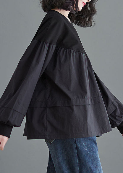 Black O Neck Patchwork Cotton Shirt Tops Spring