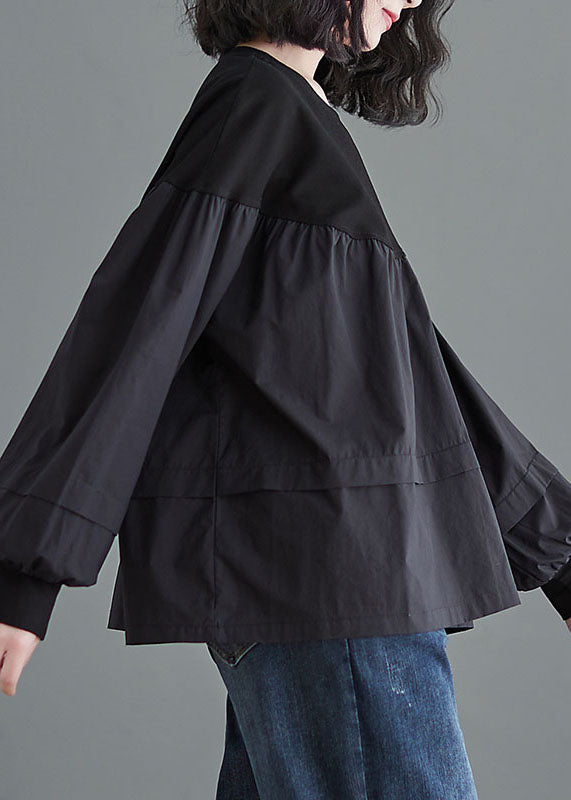 Black O Neck Patchwork Cotton Shirt Tops Spring